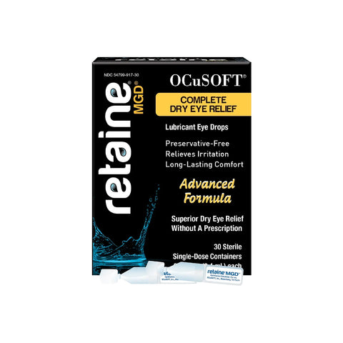 The OCuSOFT Eye Kits packaging highlights lubricant eye drops with a preservative-free formula. It offers soothing irritation relief and hours of comfort, including 30 sterile single-dose containers for convenience.