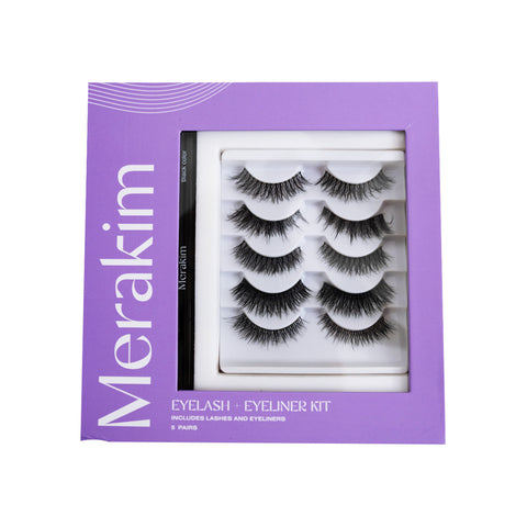 The Merakim Eyes on Beauty Lashes Kit, an alternative to eyelash extensions, comes in a purple Merakim box with five pairs of faux mink lashes and includes a black magnetic eyeliner on the left. The brand name is elegantly printed vertically in white text.