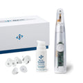 The NuLids All Natural At-home Eye Treatment by Nusight Medical includes a white electronic device with detachable heads, a Nulids Revitalize Eyelid Gel bottle, and packaging featuring a blue logo—ideal for those pursuing an eyelid hygiene system and effective dry eye treatment.