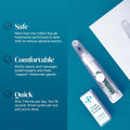 Displayed on a blue backdrop, the NuLids All Natural At-home Eye Treatment by Nusight Medical highlights its benefits: Safe - over one million treatments, Comfortable - massages eyelids, and Quick - 1 minute daily cycles. It offers an ideal solution for dry eye treatment.