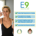 A person gently applies PRNs Essential Nine Eyelid & Skin Therapy serum, claiming to reduce puffiness, wrinkles, and dark circles with quick absorption. The non-irritating formula contains soybean, rice proteins, aloe, allantoin, and green tea.
