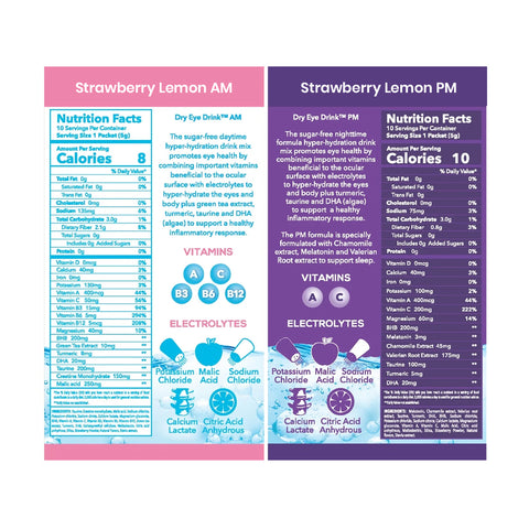 The Dry Eye Drink the Ultimate Hydration for Dry Eyes, Sugar-Free Electrolyte Powder Packets, Blended with Vitamins, Green Tea, Turmeric, Taurine, and DHA (20 Packets of Strawberry Lemon AM/PM)