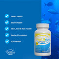 Image of a Fortifeye Super Omega-3 Fish Oil Omegas (60ct bottle) bottle. Text highlights benefits: heart, brain, skin, hair & nail health, better circulation, and eye health with pharmaceutical-grade quality. Background features swimming fish. Fortifeye logo is at the bottom left.