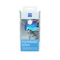 The ZEISS Fog Defender System Anti-Fog Spray for Glasses, by Zeiss, features packaging with a goggle-wearing person promoting fog-free vision. It includes a 15ml spray and a 13x13cm microfiber cloth for effective lens fog prevention.
