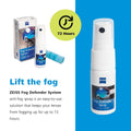 Image of the Zeiss Fog Defender System Anti-Fog Spray featuring a spray bottle and microfiber cloth. It highlights fog-free vision for lenses lasting up to 72 hours. A blue and white background with a circular 72 Hours symbol showcases this effective lens fog solution from Zeiss.