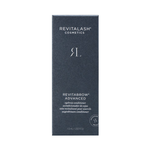 A blue rectangular box with RevitaLash and RevitaBrow Advanced Eyebrow Conditioner in white text features the nourishing BioPeptin Complex®. The centered RL logo is present, with the size noted as 1.5 mL / 0.050 fl oz at the bottom.