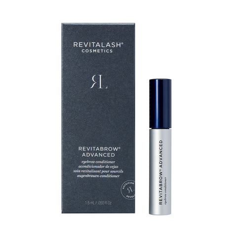 A gray box labeled RevitaBrow Advanced Eyebrow Conditioner Serum by RevitaLash sits next to its sleek tube. Featuring the nourishing BioPeptin Complex®, both boast minimalist designs and subtle branding for beautifully conditioned brows.