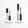 Two tubes of RevitaBrow Advanced Eyebrow Conditioner Serum by RevitaLash are shown: a 1.5 ml 8-week supply and a 3.0 ml 4-month supply, both with open applicators and dark blue caps infused with BioPeptin Complex®.