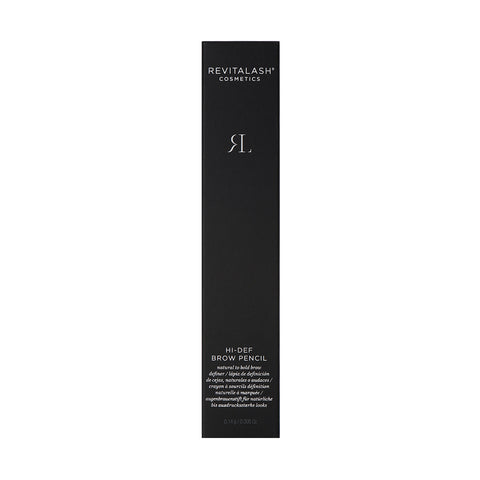 The RevitaLash Hi-Def Brow Pencil, available in 3 colors, features black rectangular packaging with the brands logo in white and contains a hypoallergenic formula that is water-resistant for long wear.
