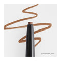 The RevitaLash Hi-Def Brow Pencil in warm brown, part of a hypoallergenic line available in 3 colors, is depicted with its tip exposed beside a drawn wavy line. The water-resistant formula ensures long wear. WARM BROWN is inscribed in the images lower right corner against a white backdrop.
