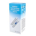 A blue and white box labeled Schirmer Tear Test Strips, with Blue Mark, 100/Box from MedPharma USA features 100 strips. The front displays an image of the strips, while the side includes informative text and small diagrams.
