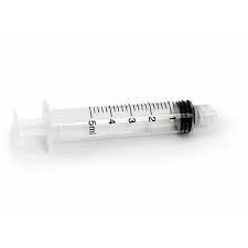 A MedPharma USA transparent 5cc Luer Lock syringe, marked from 1ml to 5ml, is shown horizontally against a white background.
