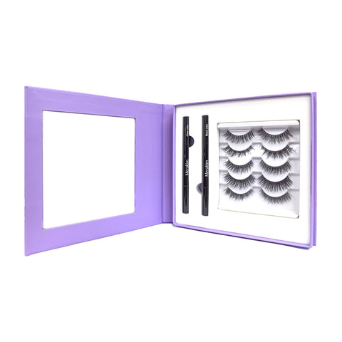 The Merakim Eyes on Beauty Lashes kit, an alternative to extensions, comes in a sleek purple box with faux mink lashes and two black eyeliners on the right, plus a mirror on the left for flawless application.