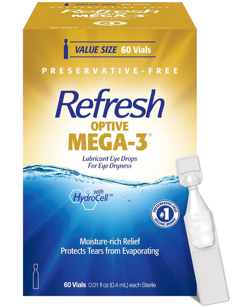 Refresh Optive MEGA-3 Lubricant Eye Drops Preservative-Free Artificial Tears (0.4 mL), 60 Single-Use Container Vials