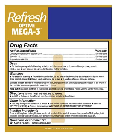 Refresh Optive MEGA-3 Lubricant Eye Drops Preservative-Free Artificial Tears (0.4 mL), 60 Single-Use Container Vials