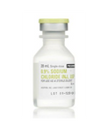 The image shows a 10 mL Sodium Chloride SDV 0.9% from MedPharma USA with a flip-top cap. The vial is labeled as a sterile saline solution and diluent, featuring its lot number prominently on the front.