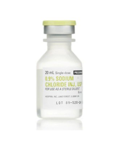 The image shows a 10 mL Sodium Chloride SDV 0.9% from MedPharma USA with a flip-top cap. The vial is labeled as a sterile saline solution and diluent, featuring its lot number prominently on the front.