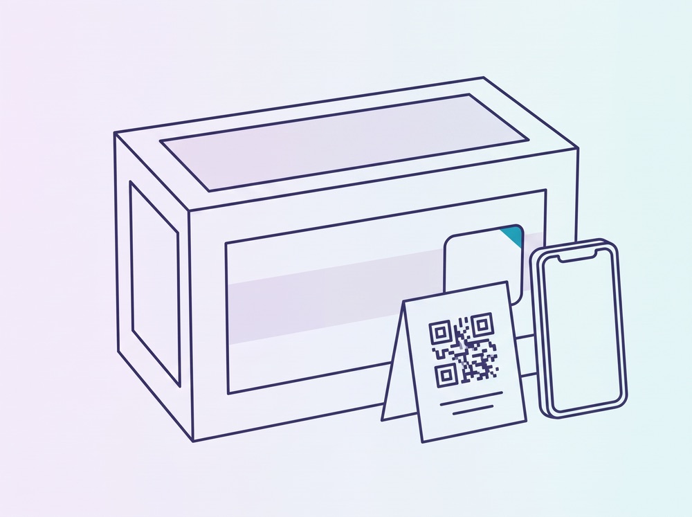Line drawing of the kit box with a reorder card and a phone